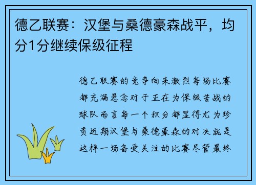 德乙联赛：汉堡与桑德豪森战平，均分1分继续保级征程